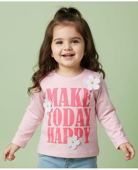 Babyhug 100% Cotton Knit Full Sleeves Top with Floral Applique & Make Today Happy - Pink