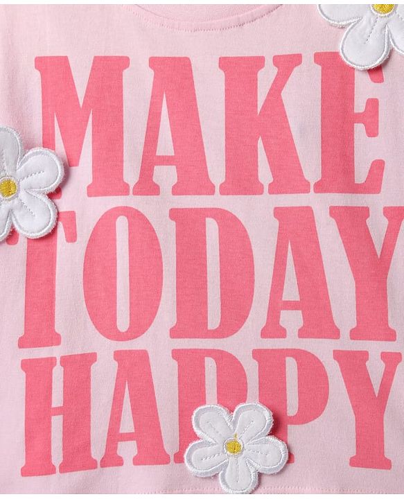 Babyhug 100% Cotton Knit Full Sleeves Top with Floral Applique & Make Today Happy - Pink