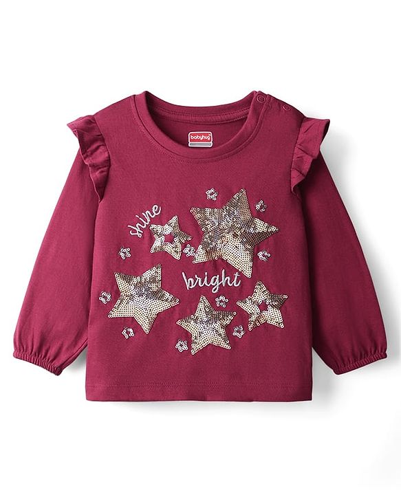 Babyhug 100% Cotton Full Sleeves Top with Frill Detailing & Sequin Embellished Star - Wine