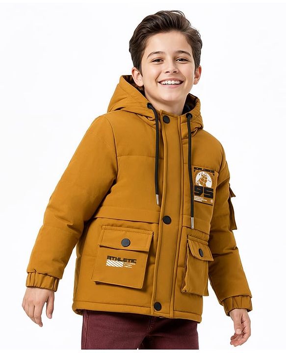 Pine Kids Woven Full Sleeves Hooded Padded Jacket With Text Print - Mustard