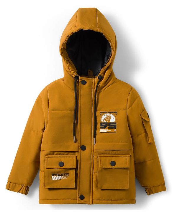 Pine Kids Woven Full Sleeves Hooded Padded Jacket With Text Print - Mustard