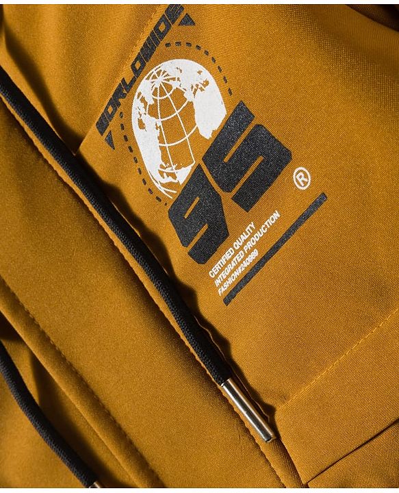 Pine Kids Woven Full Sleeves Hooded Padded Jacket With Text Print - Mustard
