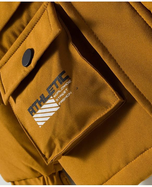 Pine Kids Woven Full Sleeves Hooded Padded Jacket With Text Print - Mustard