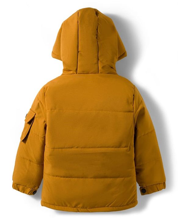 Pine Kids Woven Full Sleeves Hooded Padded Jacket With Text Print - Mustard