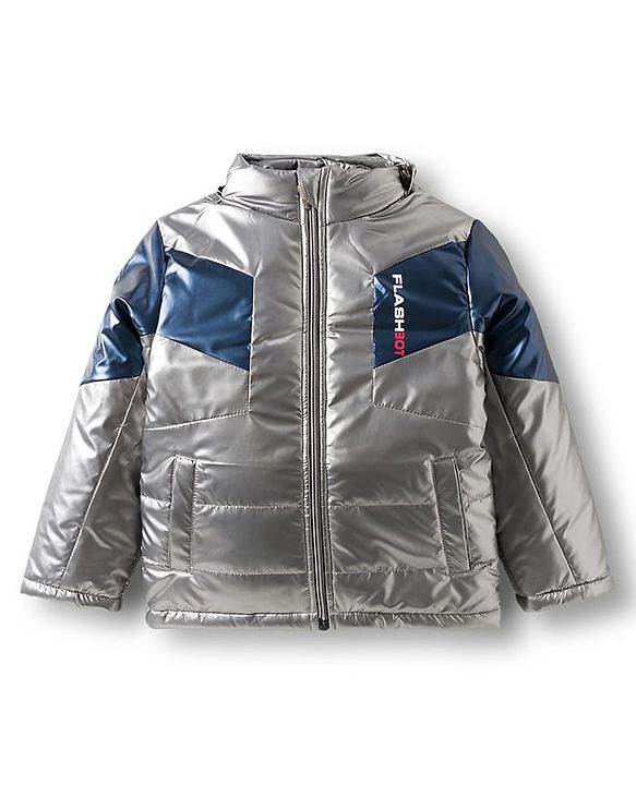 Pine Kids Woven Full Sleeves Solid Color Padded Jacket with Detachable Hood - Silver