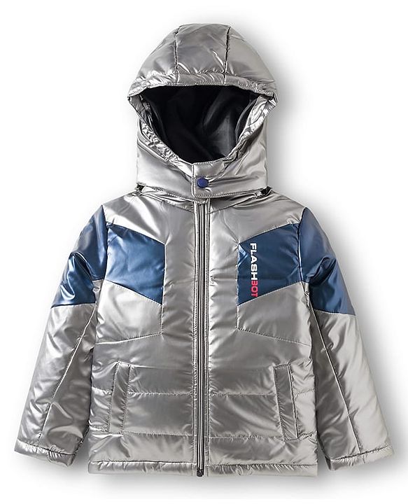 Pine Kids Woven Full Sleeves Solid Color Padded Jacket with Detachable Hood - Silver