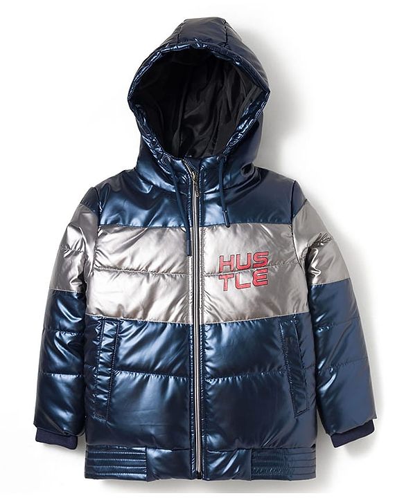 Pine Kids Woven Full Sleeves Hooded Padded Jacket with Text Print - Navy Blue