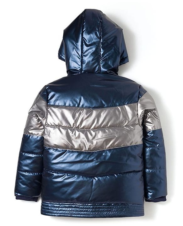 Pine Kids Woven Full Sleeves Hooded Padded Jacket with Text Print - Navy Blue