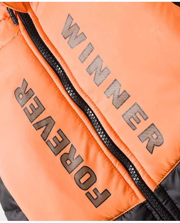 Pine Kids Woven Full Sleeves Hooded Padded Jacket With Forever Print - Orange & Black