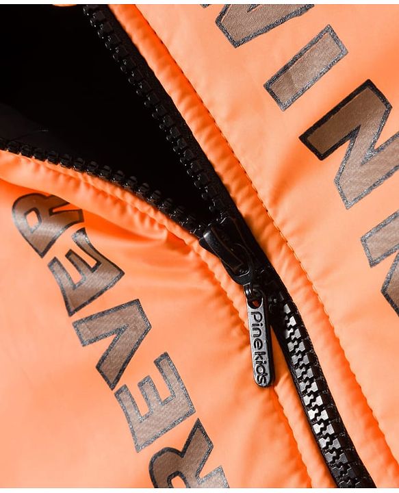 Pine Kids Woven Full Sleeves Hooded Padded Jacket With Forever Print - Orange & Black