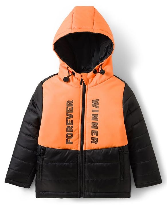 Pine Kids Woven Full Sleeves Hooded Padded Jacket With Forever Print - Orange & Black