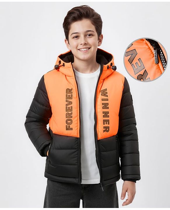 Pine Kids Woven Full Sleeves Hooded Padded Jacket With Forever Print - Orange & Black