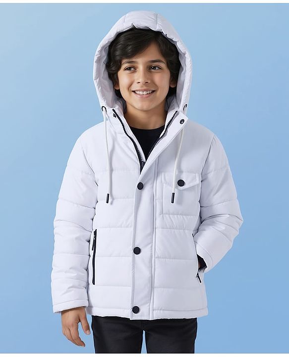 Pine Kids Woven Full Sleeves Solid Color Hooded Padded Jacket - White