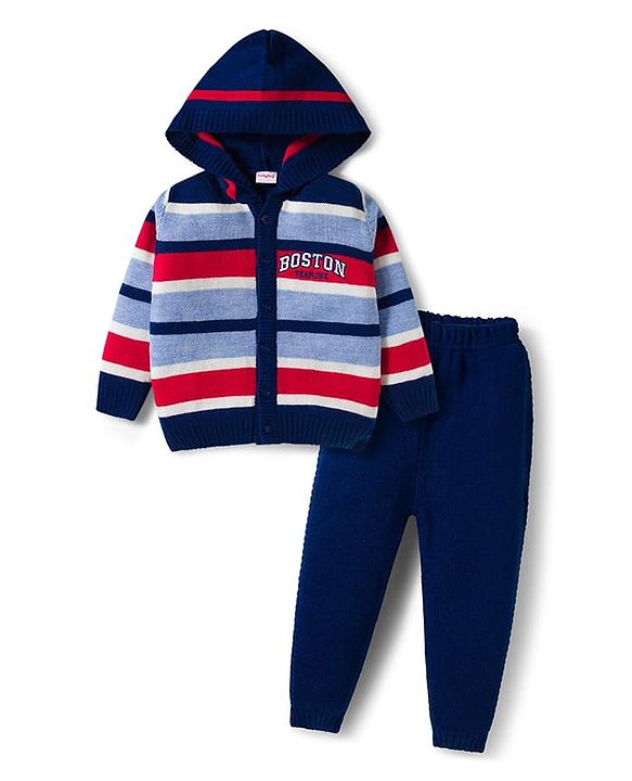 Babyhug Knitted Full Sleeves Hooded Sweater Set With Boston Design - Navy Blue
