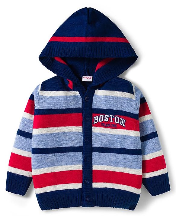 Babyhug Knitted Full Sleeves Hooded Sweater Set With Boston Design - Navy Blue