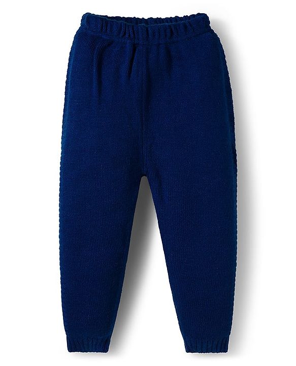 Babyhug Knitted Full Sleeves Hooded Sweater Set With Boston Design - Navy Blue