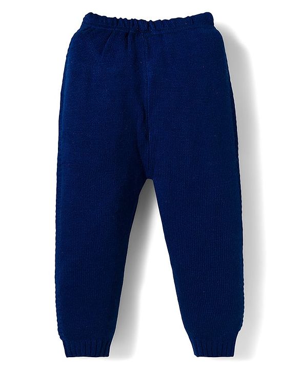 Babyhug Knitted Full Sleeves Hooded Sweater Set With Boston Design - Navy Blue