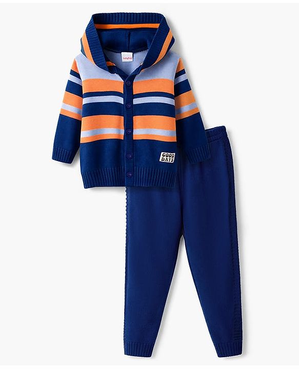 Babyhug Knit Full Sleeves Striped Hooded Front Open Sweater Set - Navy Blue