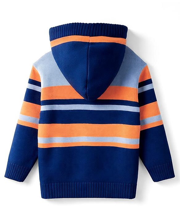 Babyhug Knit Full Sleeves Striped Hooded Front Open Sweater Set - Navy Blue