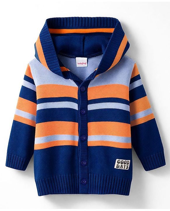 Babyhug Knit Full Sleeves Striped Hooded Front Open Sweater Set - Navy Blue