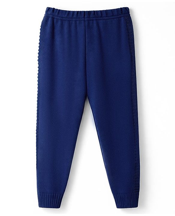 Babyhug Knit Full Sleeves Striped Hooded Front Open Sweater Set - Navy Blue