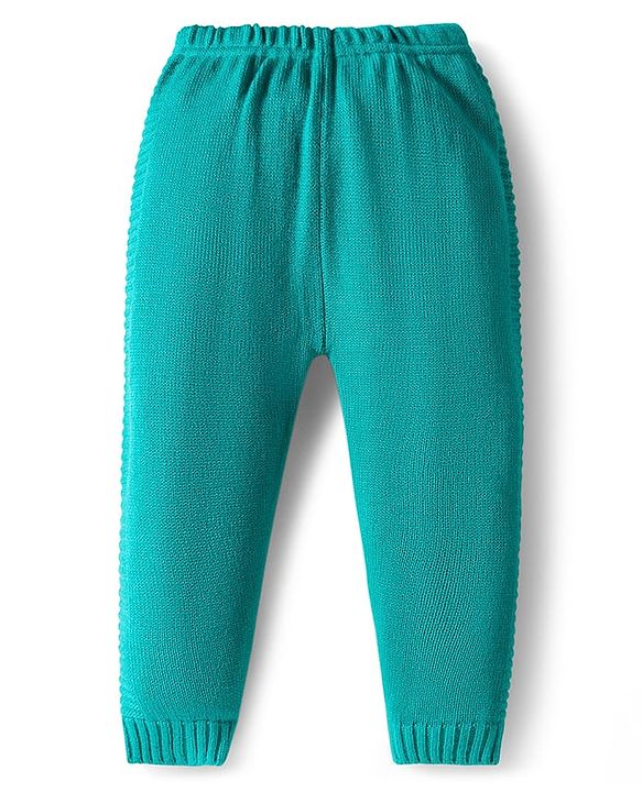 Babyhug Knit Full Sleeves Front Open Hooded Sweater & Pant Set with Stripes - Mint