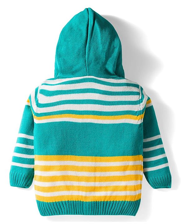 Babyhug Knit Full Sleeves Front Open Hooded Sweater & Pant Set with Stripes - Mint