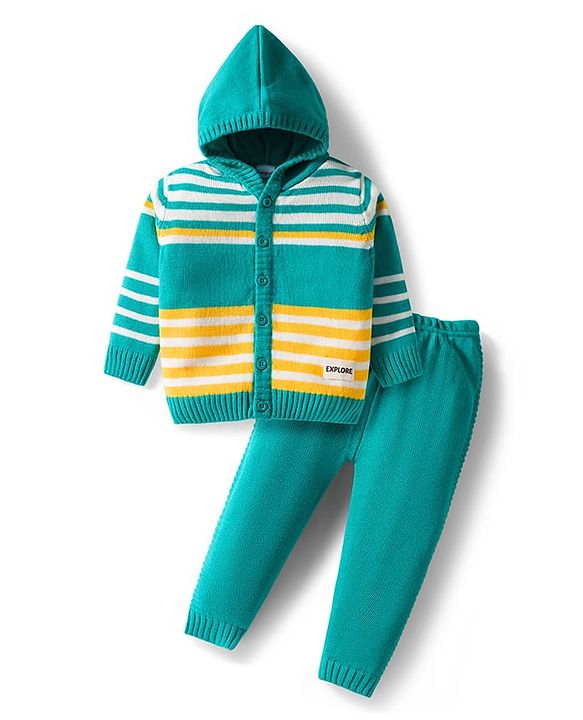 Babyhug Knit Full Sleeves Front Open Hooded Sweater & Pant Set with Stripes - Mint