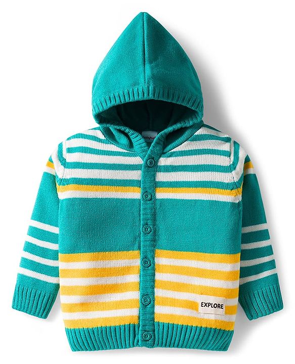 Babyhug Knit Full Sleeves Front Open Hooded Sweater & Pant Set with Stripes - Mint
