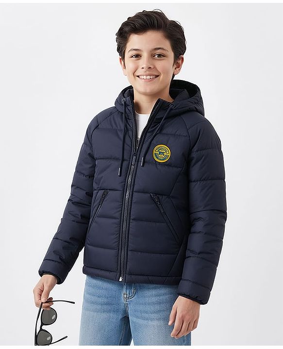 Pine Kids Woven Full Raglan Sleeves Solid Color Hooded Padded Jacket - Navy Blue