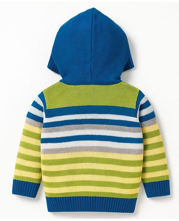 Babyhug Knitted Full Sleeves Striped Hooded Sweater Set - Blue & Green