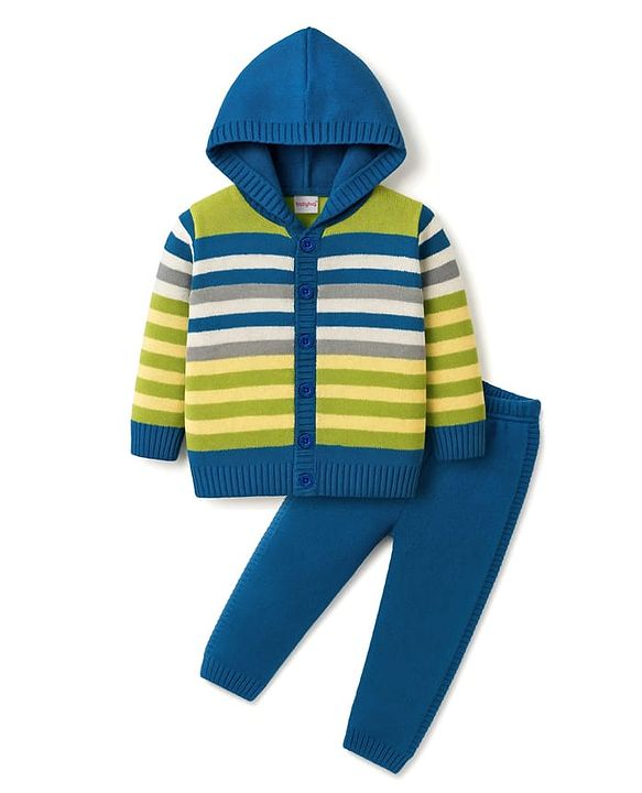 Babyhug Knitted Full Sleeves Striped Hooded Sweater Set - Blue & Green