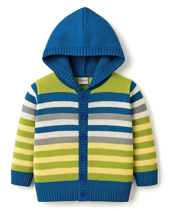 Babyhug Knitted Full Sleeves Striped Hooded Sweater Set - Blue & Green