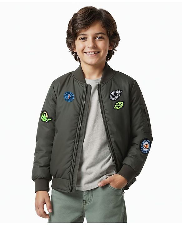 Pine Kids Woven Full Sleeves Bomber Jacket with Patch Detailing - Olive Green