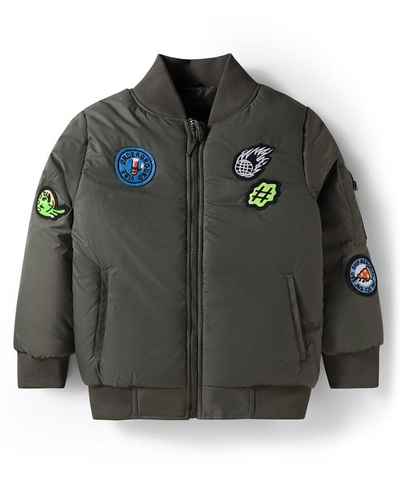 Pine Kids Woven Full Sleeves Bomber Jacket with Patch Detailing - Olive Green