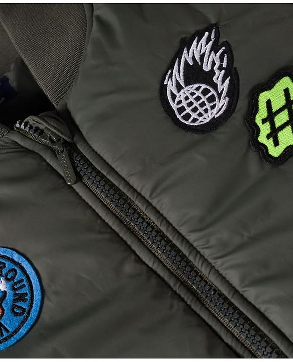Pine Kids Woven Full Sleeves Bomber Jacket with Patch Detailing - Olive Green