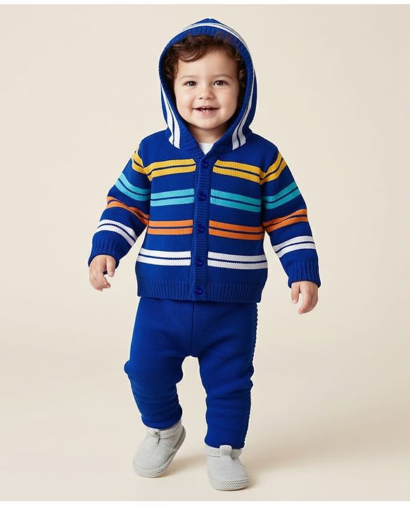 Babyhug Knitted Full Sleeves Striped Hooded Sweater Set - Royal Blue
