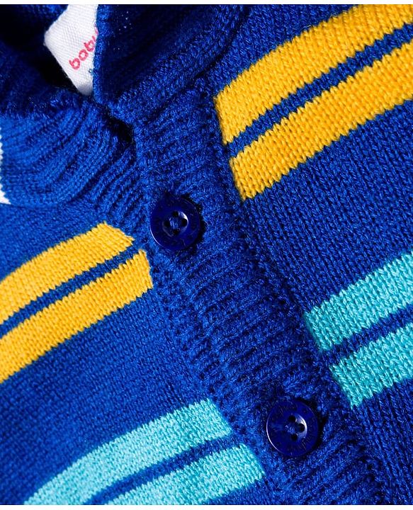 Babyhug Knitted Full Sleeves Striped Hooded Sweater Set - Royal Blue