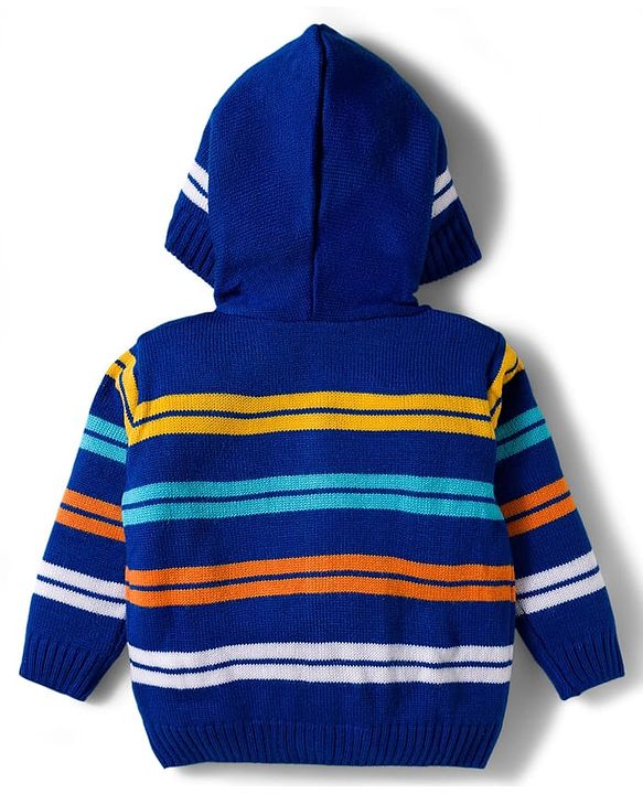 Babyhug Knitted Full Sleeves Striped Hooded Sweater Set - Royal Blue