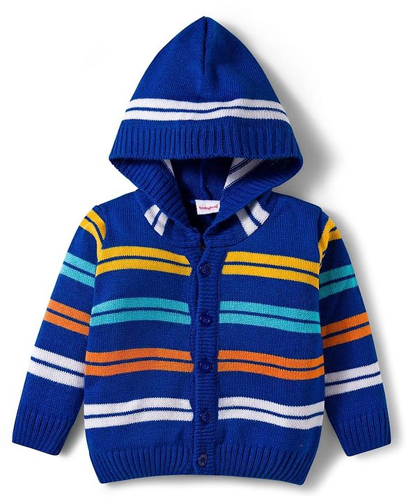 Babyhug Knitted Full Sleeves Striped Hooded Sweater Set - Royal Blue