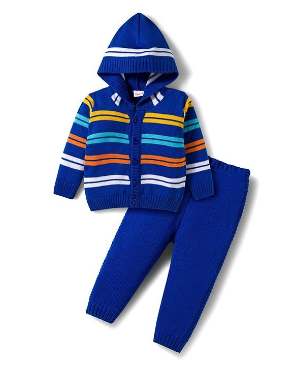 Babyhug Knitted Full Sleeves Striped Hooded Sweater Set - Royal Blue