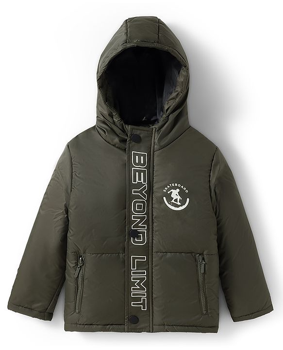 Pine Kids Woven Full Sleeves Hooded Padded Jacket With Skateboard Print - Dark Green