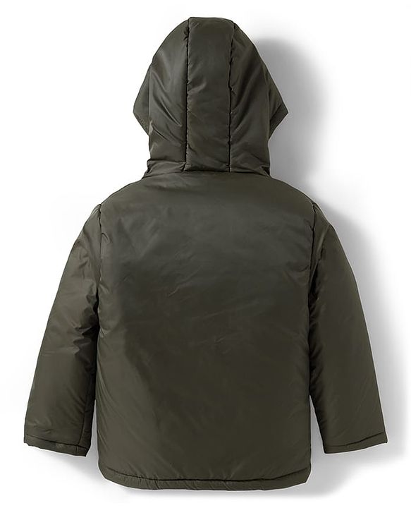 Pine Kids Woven Full Sleeves Hooded Padded Jacket With Skateboard Print - Dark Green