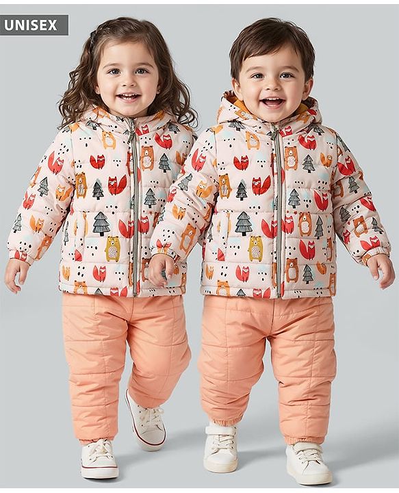 Babyhug Woven Full Sleeves Winter Wear Hooded Padded Jacket & Lounge Pant Set with Jungle Theme Print - Peach