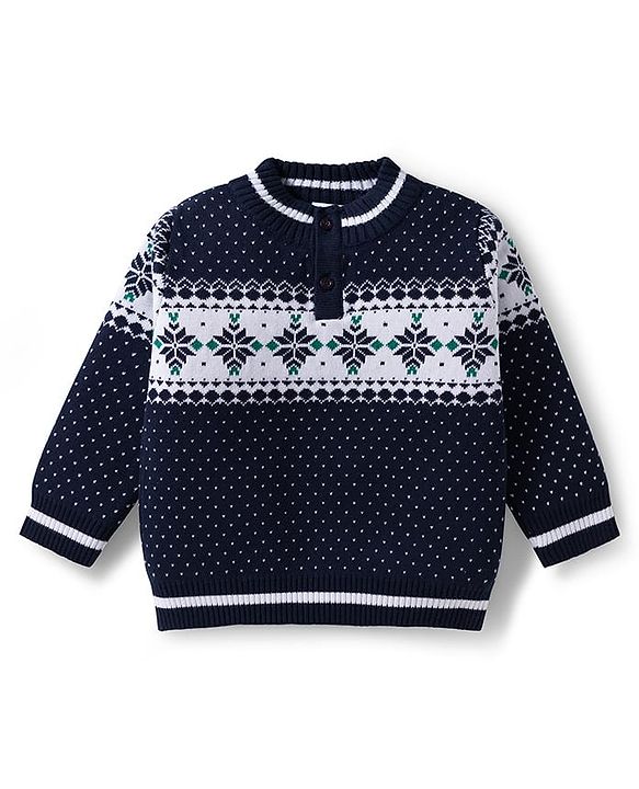 Babyhug Cotton Knit Full Sleeves Pullover Sweater Set with Cap & Aztec Design - Navy Blue