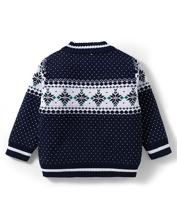 Babyhug Cotton Knit Full Sleeves Pullover Sweater Set with Cap & Aztec Design - Navy Blue
