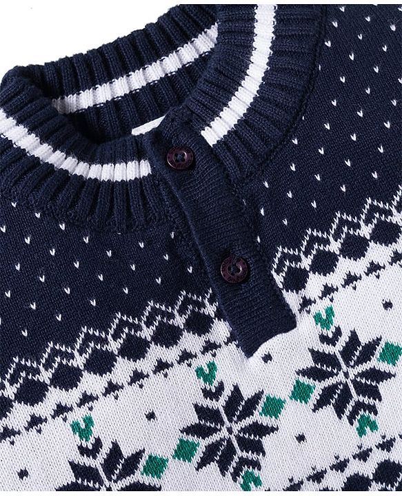 Babyhug Cotton Knit Full Sleeves Pullover Sweater Set with Cap & Aztec Design - Navy Blue