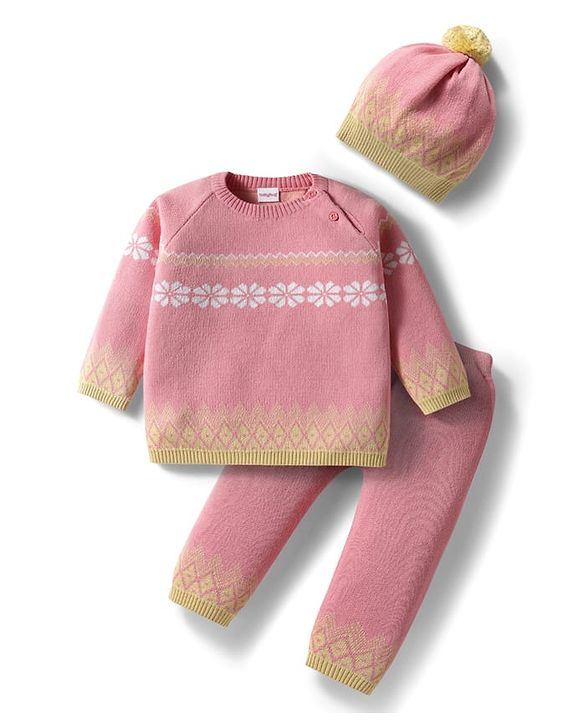 Babyhug Knit Full Raglan Sleeves Pullover Sweater Set with Cap & Aztec Design - Pink