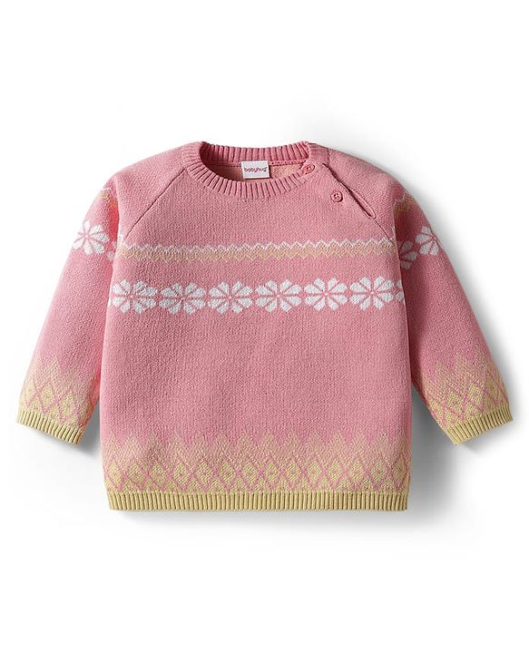 Babyhug Knit Full Raglan Sleeves Pullover Sweater Set with Cap & Aztec Design - Pink