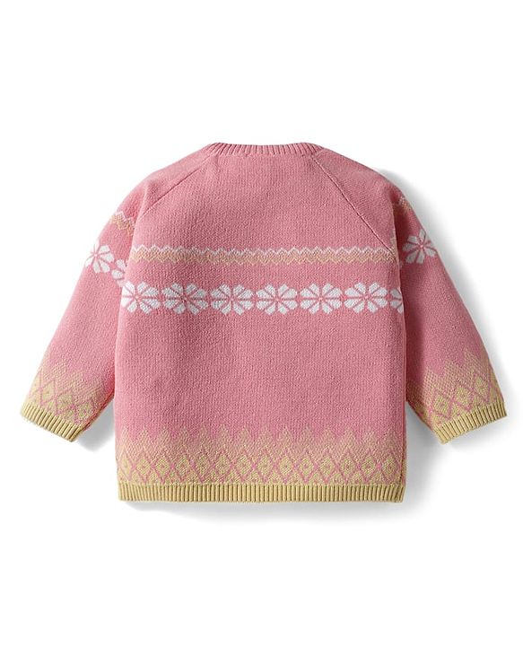 Babyhug Knit Full Raglan Sleeves Pullover Sweater Set with Cap & Aztec Design - Pink